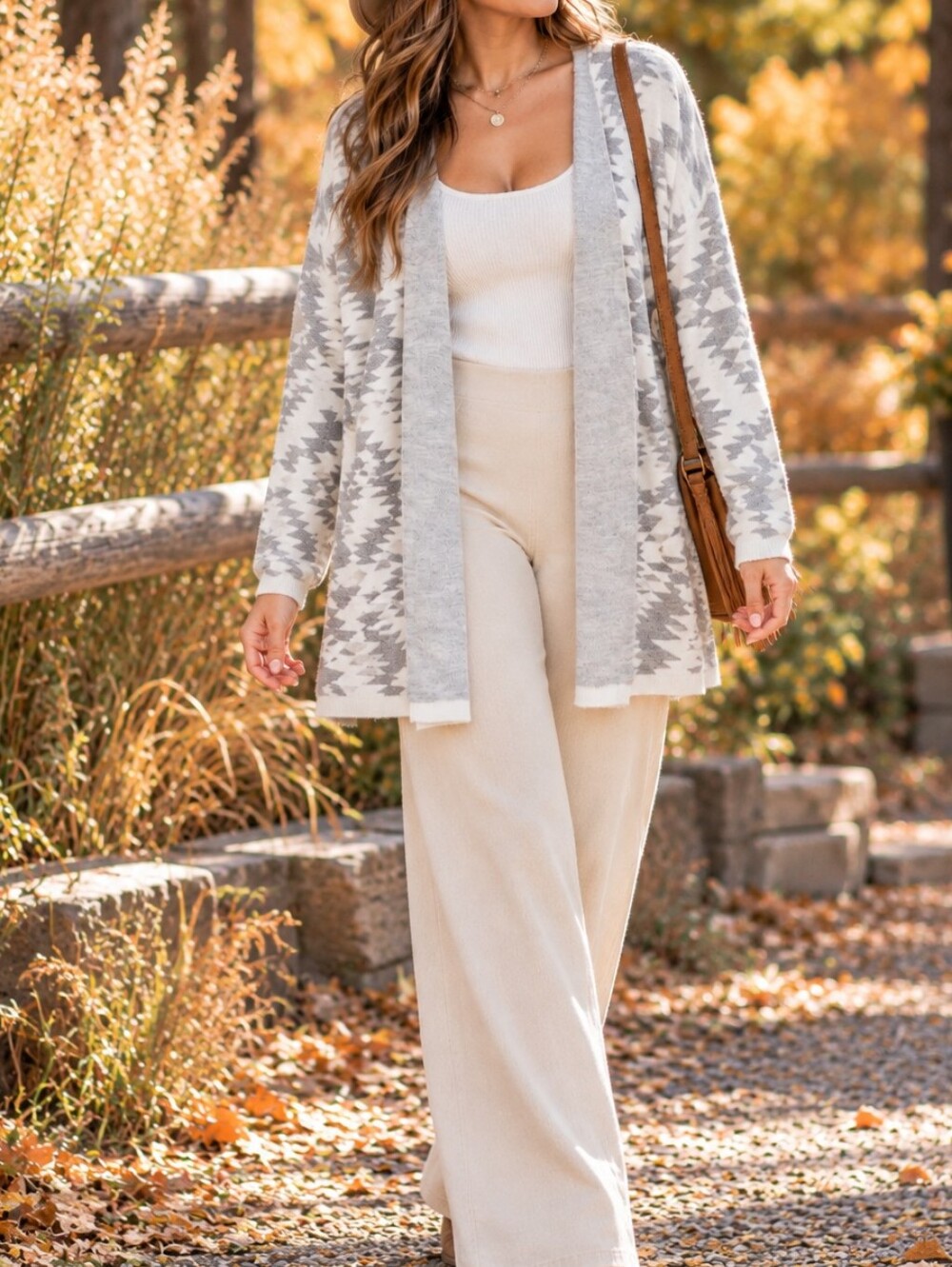 Dynamite Gray White Aztec Geometric Open Front Cardigan Boho Western Cozy